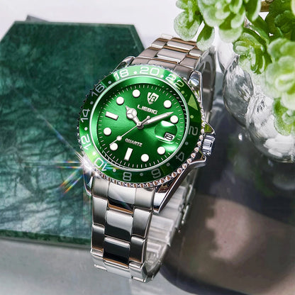 Luxury Men Fashion Watch Silver Stainless Steel Band Waterproof Casual Calendar Quartz Watch Green Business Wristwatch