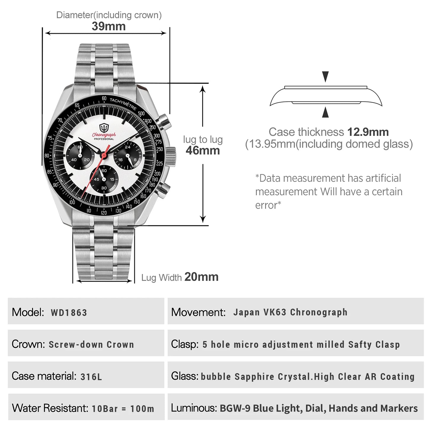Watchdives WD1863 Chronograph Watch VK63 Quartz Movement Bubble Sapphire Crystal 10Bar Waterproof Luminous 39mm Vintage Watches