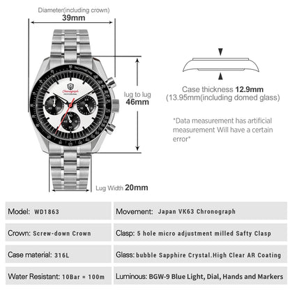Watchdives WD1863 Chronograph Watch VK63 Quartz Movement Bubble Sapphire Crystal 10Bar Waterproof Luminous 39mm Vintage Watches