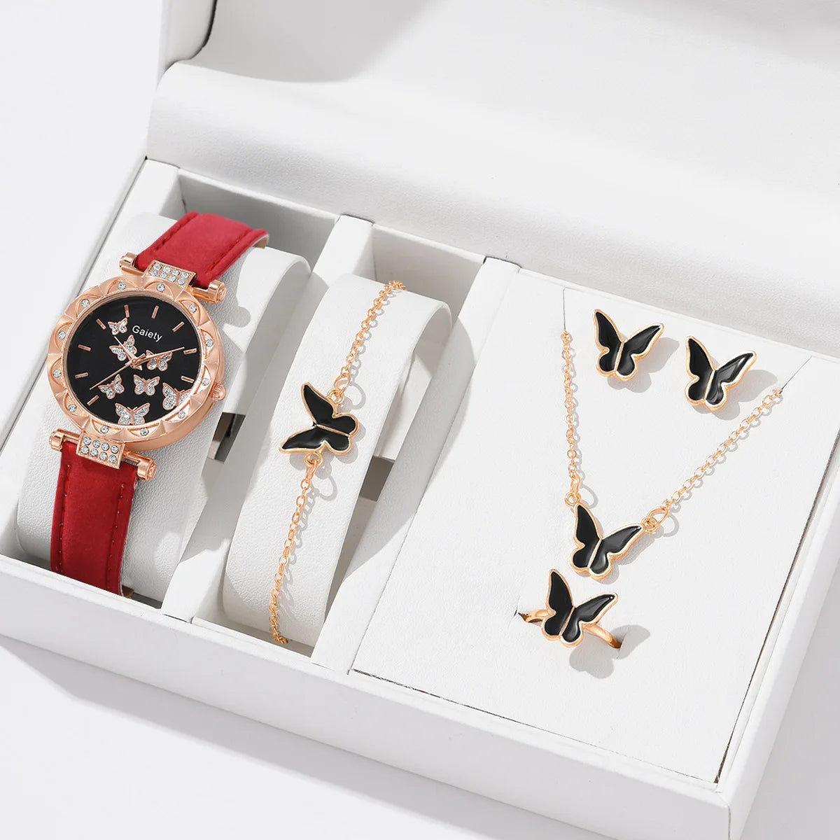 6PCS/Set Simple Element Dial Quartz Women's Watch Latex Strap Butterfly Necklace Bracelet Earrings Ring Jewelry Set Girls Gift