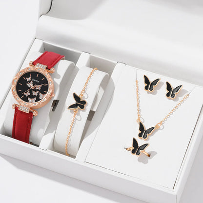 6PCS/Set Simple Element Dial Quartz Women's Watch Latex Strap Butterfly Necklace Bracelet Earrings Ring Jewelry Set Girls Gift