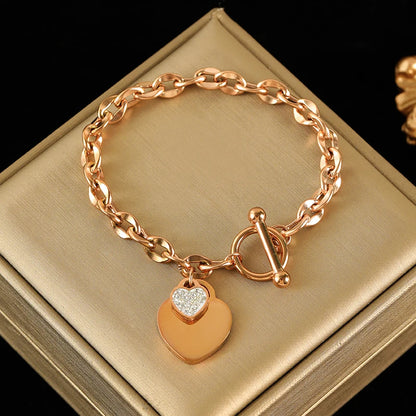 EILIECK New Fashion Stainless Steel Metal Double Heart Necklace Bracelet For Women Fashion Waterproof 3-Color Jewelry Set Gift
