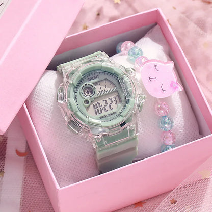 Children's Electronic Watch Teenage Couple Fashion Sports Multifunctional Watch and Acrylic Beaded Bracelet Set Gift for Kids