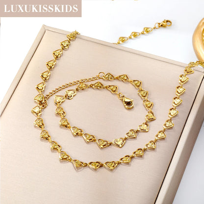 LUXUKISSKIDS Fashion Cubic Love Heart Necklace Earrings Bracelets Stainless Steel Minimalist Jewelry Set Women/Girls Accesories