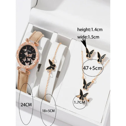 6pcs Luxury Watches Women's Ring Necklace Earrings Bracelet Set Watch Butterfly Leather strap Women's Quartz Watch No case