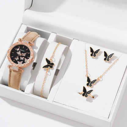 6PCS/Set Simple Element Dial Quartz Women's Watch Latex Strap Butterfly Necklace Bracelet Earrings Ring Jewelry Set Girls Gift
