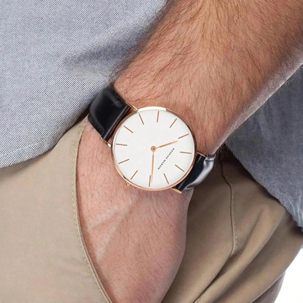 HANNAH MARTIN Men's Leather Watch Original Quartz Movement Business Sports 40mm TK Fashion Watch for Men