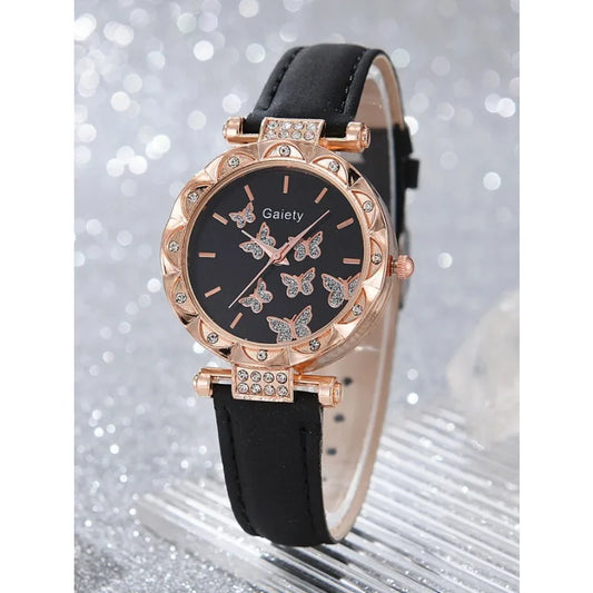 6pcs Luxury Watches Women's Ring Necklace Earrings Bracelet Set Watch Butterfly Leather strap Women's Quartz Watch No case