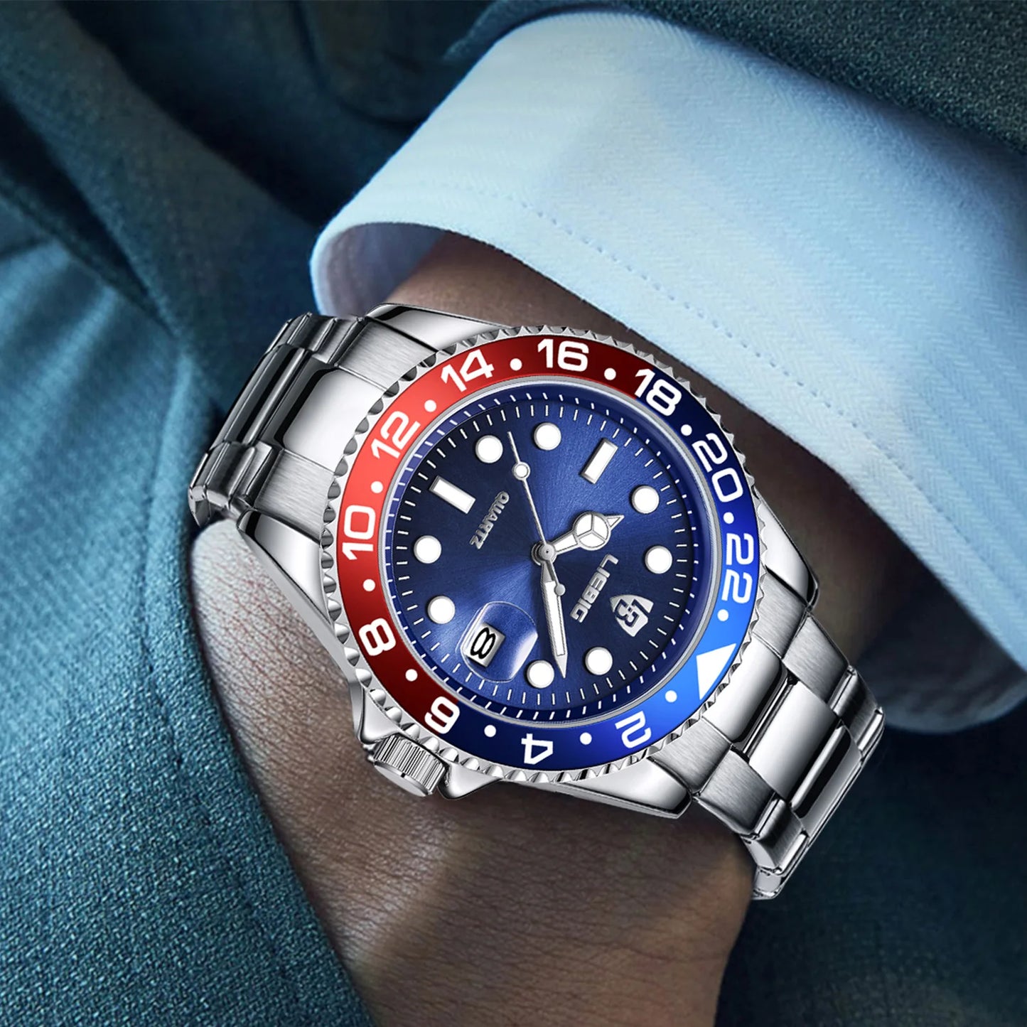 Luxury Men Fashion Watch Silver Stainless Steel Band Waterproof Casual Calendar Quartz Watch Green Business Wristwatch