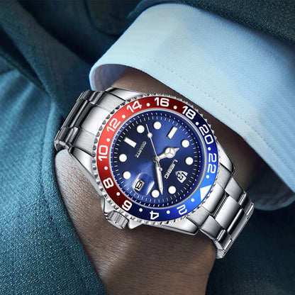 Luxury Men Fashion Watch Silver Stainless Steel Band Waterproof Casual Calendar Quartz Watch Green Business Wristwatch