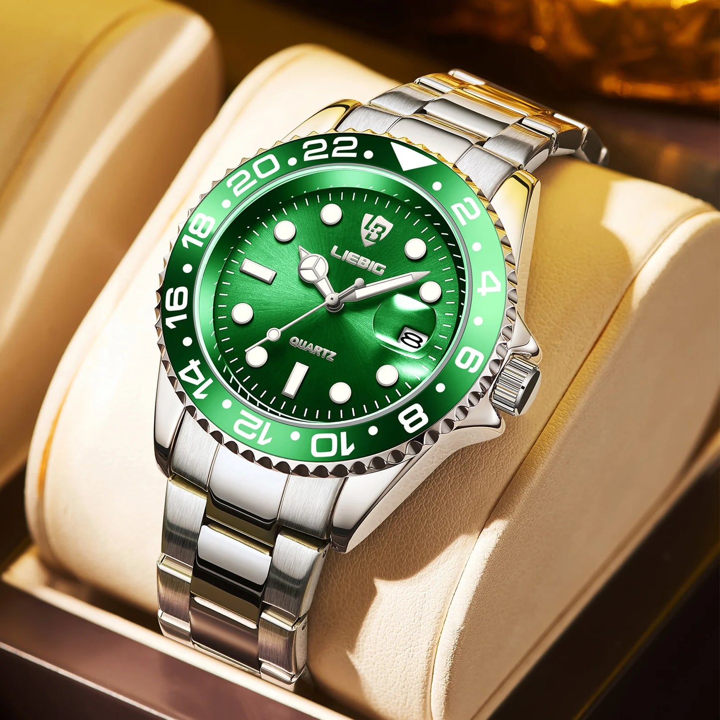 Luxury Men Fashion Watch Silver Stainless Steel Band Waterproof Casual Calendar Quartz Watch Green Business Wristwatch