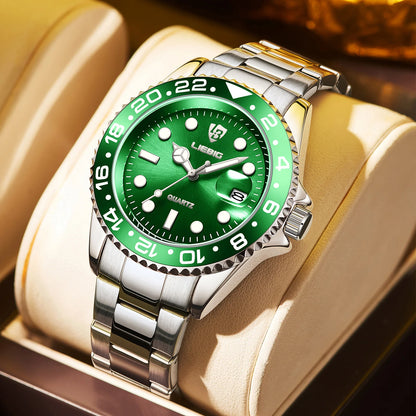 Luxury Men Fashion Watch Silver Stainless Steel Band Waterproof Casual Calendar Quartz Watch Green Business Wristwatch