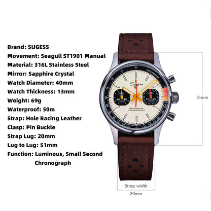 Sugess Men Mechanical Chronograph Seagull ST19