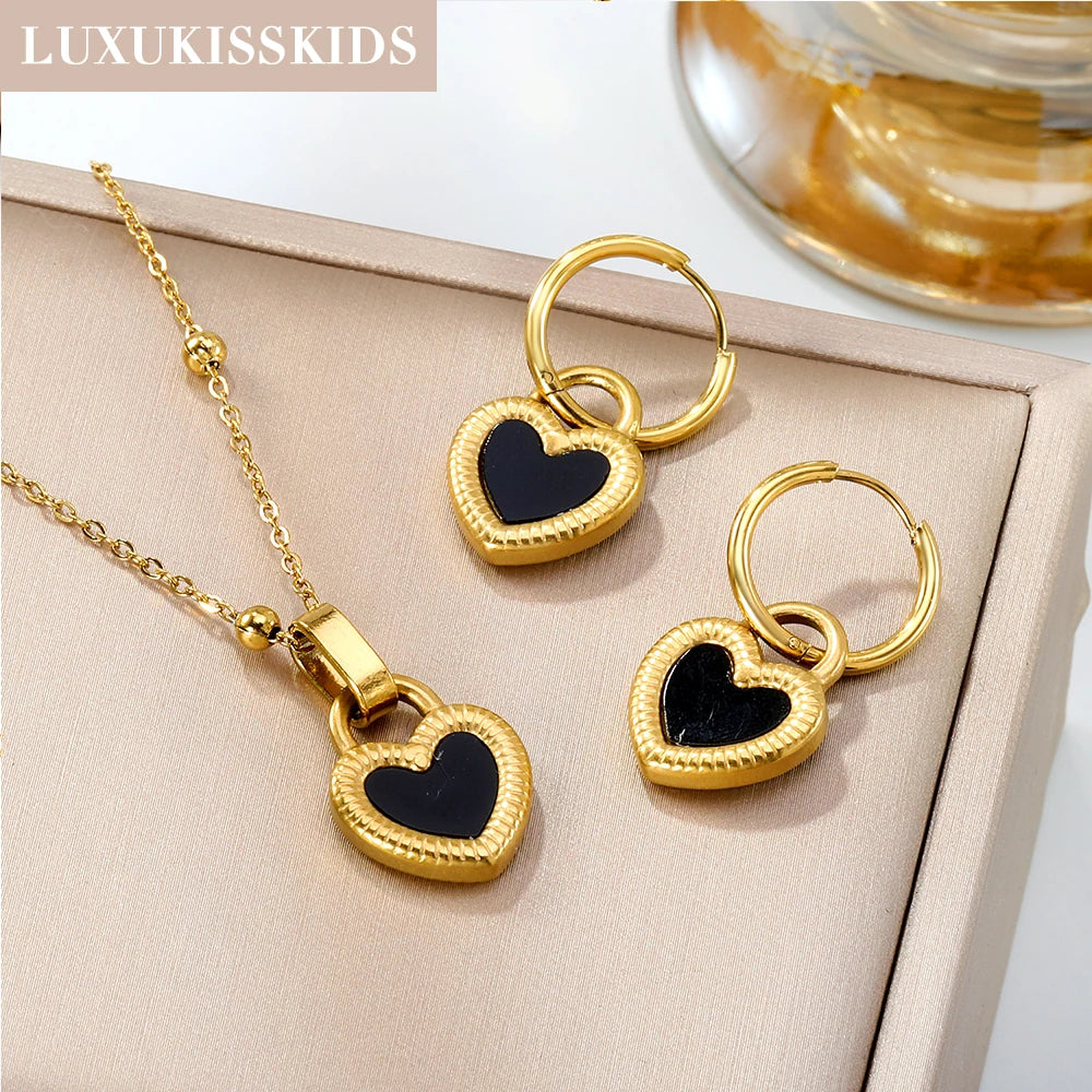 LUXUKISSKIDS Fashion Cubic Love Heart Necklace Earrings Bracelets Stainless Steel Minimalist Jewelry Set Women/Girls Accesories