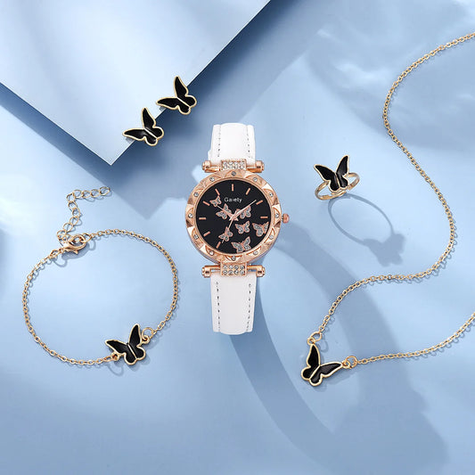 6PCS/Set Simple Element Dial Quartz Women's Watch Latex Strap Butterfly Necklace Bracelet Earrings Ring Jewelry Set Girls Gift
