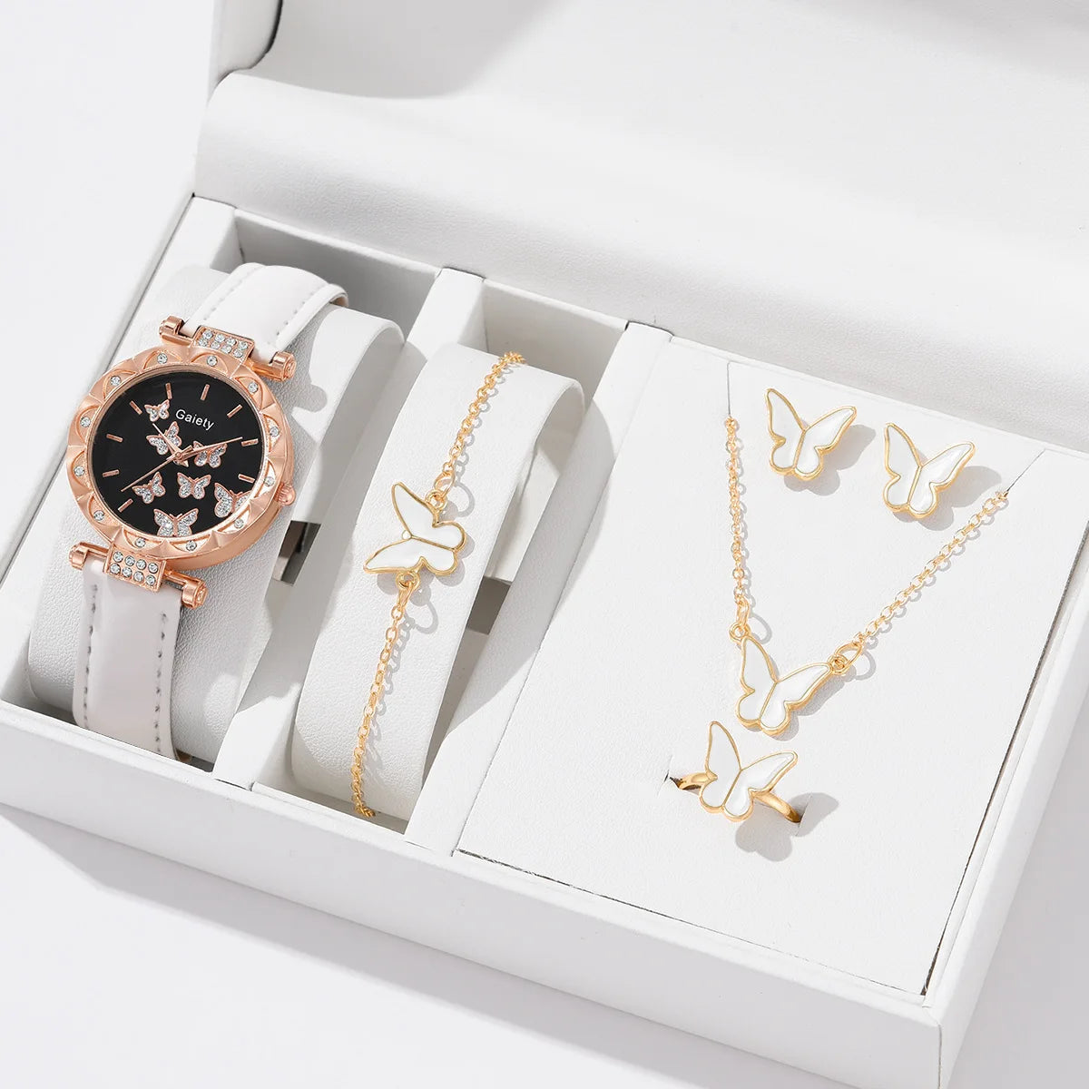 6PCS/Set Simple Element Dial Quartz Women's Watch Latex Strap Butterfly Necklace Bracelet Earrings Ring Jewelry Set Girls Gift