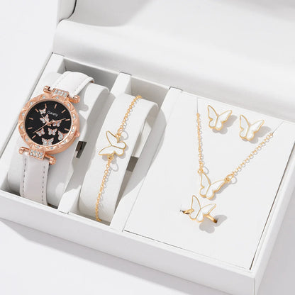6PCS/Set Simple Element Dial Quartz Women's Watch Latex Strap Butterfly Necklace Bracelet Earrings Ring Jewelry Set Girls Gift