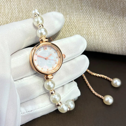 Urban Gear-Elegant Pearl Bracelet Women's Quartz Watch Pull-out Adjustable Strap Watch Luxury Small Dial Ladies Wristwatch Gift
