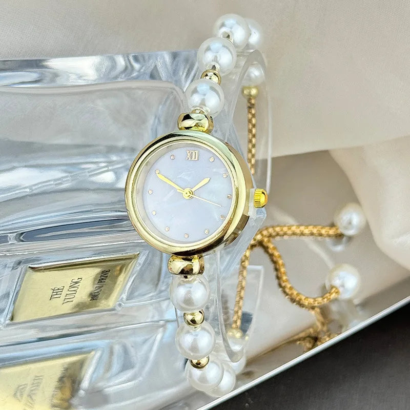 Urban Gear-Elegant Pearl Bracelet Women's Quartz Watch Pull-out Adjustable Strap Watch Luxury Small Dial Ladies Wristwatch Gift