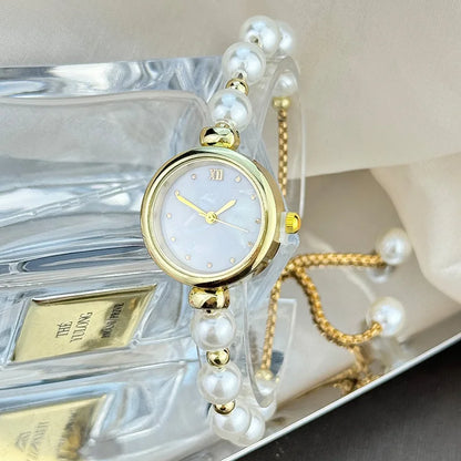 Urban Gear-Elegant Pearl Bracelet Women's Quartz Watch Pull-out Adjustable Strap Watch Luxury Small Dial Ladies Wristwatch Gift