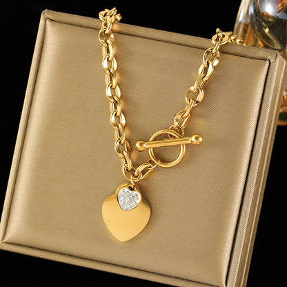 EILIECK New Fashion Stainless Steel Metal Double Heart Necklace Bracelet For Women Fashion Waterproof 3-Color Jewelry Set Gift