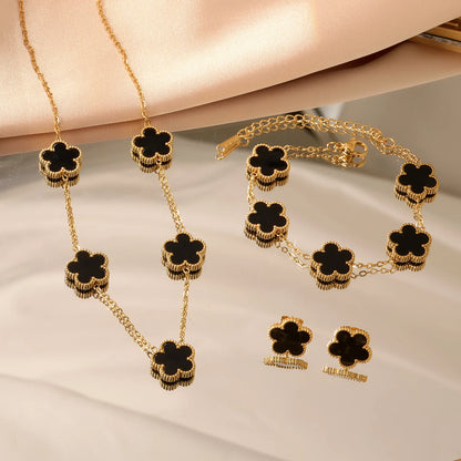 Urban Gear-Fashion Flower Necklace Earrings Set Jewelry Women Stainless Steel White Shell Clover Bracelet Jewelry Accessories