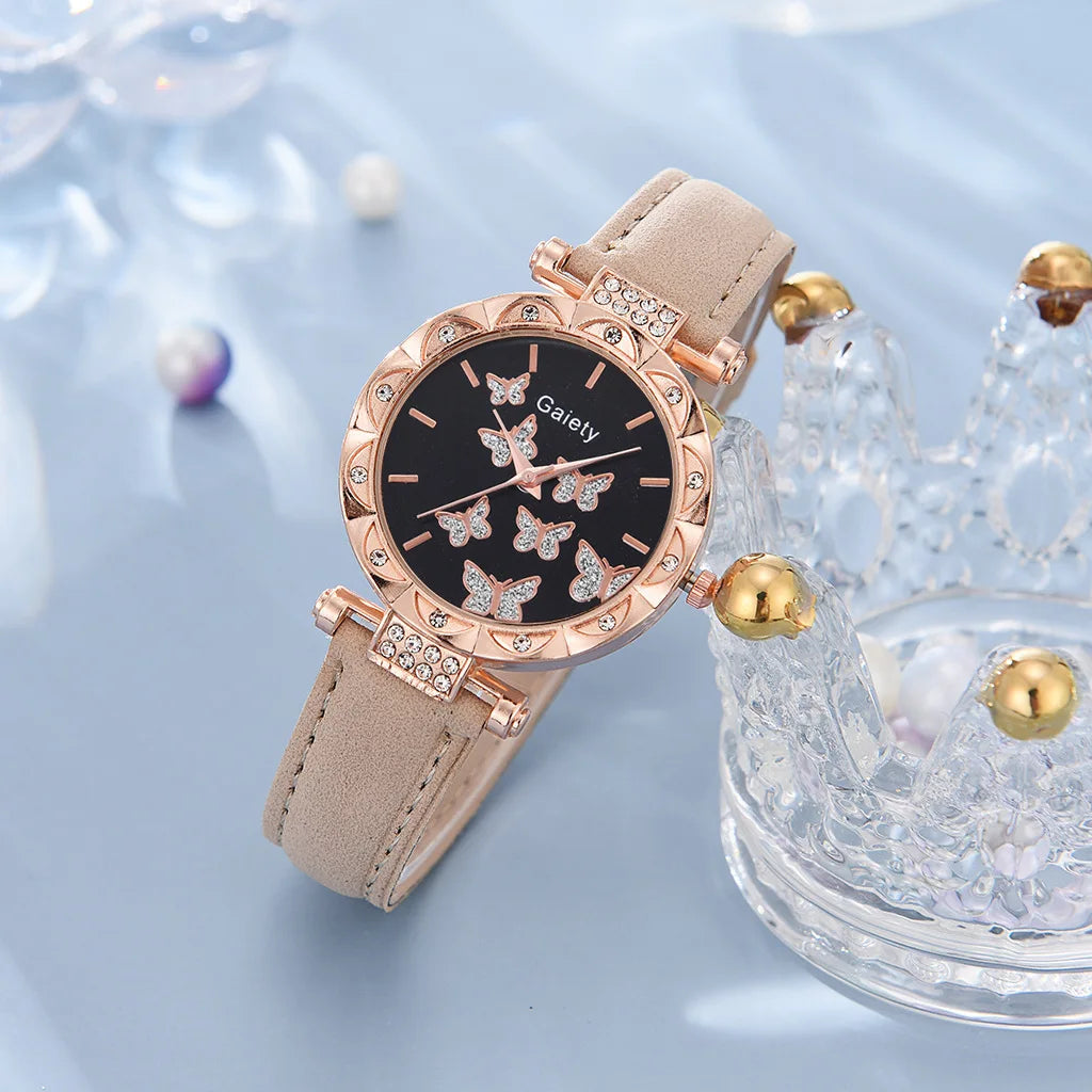 6PCS/Set Simple Element Dial Quartz Women's Watch Latex Strap Butterfly Necklace Bracelet Earrings Ring Jewelry Set Girls Gift