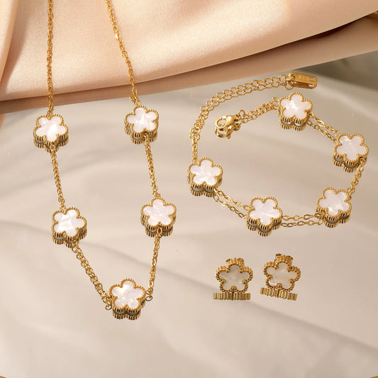 Urban Gear-Fashion Flower Necklace Earrings Set Jewelry Women Stainless Steel White Shell Clover Bracelet Jewelry Accessories
