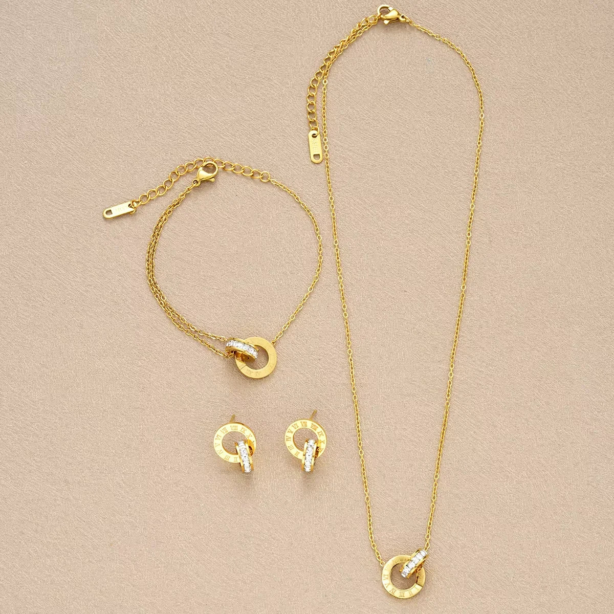 4Pcs/Set Stainless Steel Crystal Necklace Bracelet Earrings for Women Gold Color Interlocking Circles Roman Numbers Jewelry Sets