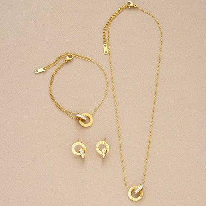 4Pcs/Set Stainless Steel Crystal Necklace Bracelet Earrings for Women Gold Color Interlocking Circles Roman Numbers Jewelry Sets