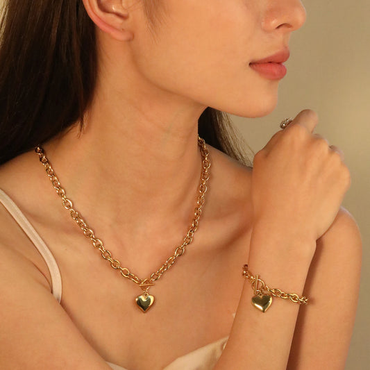 LUXUKISSKIDS Fashion Cubic Love Heart Necklace Earrings Bracelets Stainless Steel Minimalist Jewelry Set Women/Girls Accesories