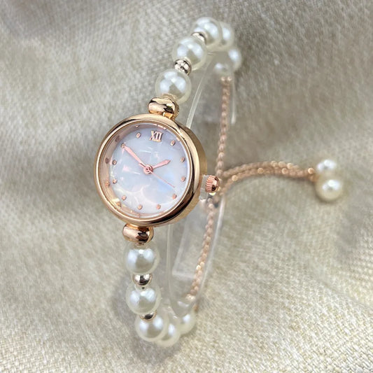 Urban Gear-Elegant Pearl Bracelet Women's Quartz Watch Pull-out Adjustable Strap Watch Luxury Small Dial Ladies Wristwatch Gift