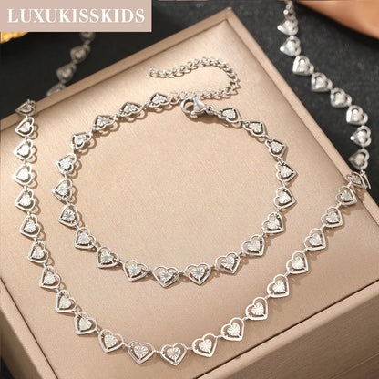 LUXUKISSKIDS Fashion Cubic Love Heart Necklace Earrings Bracelets Stainless Steel Minimalist Jewelry Set Women/Girls Accesories