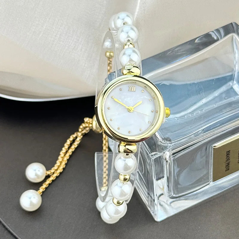 Urban Gear-Elegant Pearl Bracelet Women's Quartz Watch Pull-out Adjustable Strap Watch Luxury Small Dial Ladies Wristwatch Gift