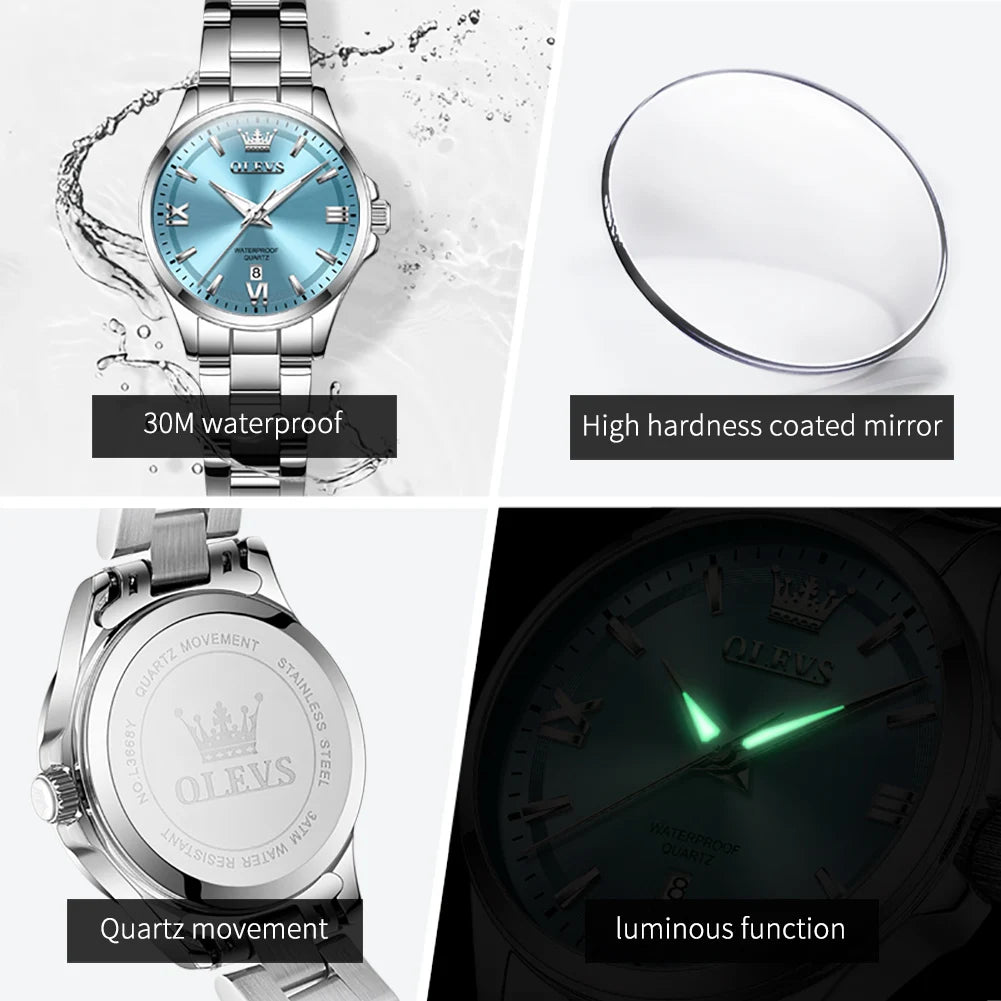 OLEVS Fashion Elegant Women's Watches Waterproof Luminous Stainless steel Quartz Watch for Ladies Original Simple Wristwatch