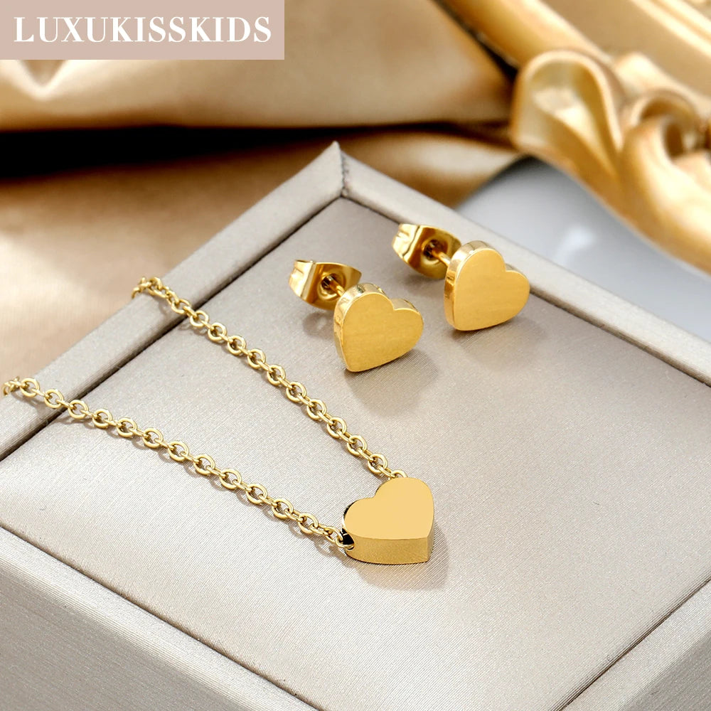 LUXUKISSKIDS Fashion Cubic Love Heart Necklace Earrings Bracelets Stainless Steel Minimalist Jewelry Set Women/Girls Accesories