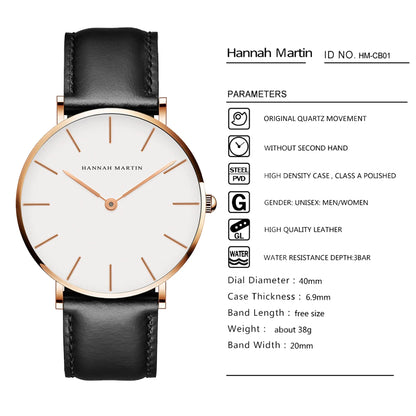 HANNAH MARTIN Men's Leather Watch Original Quartz Movement Business Sports 40mm TK Fashion Watch for Men
