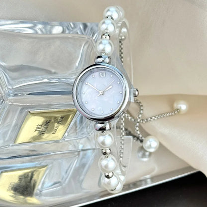 Urban Gear-Elegant Pearl Bracelet Women's Quartz Watch Pull-out Adjustable Strap Watch Luxury Small Dial Ladies Wristwatch Gift