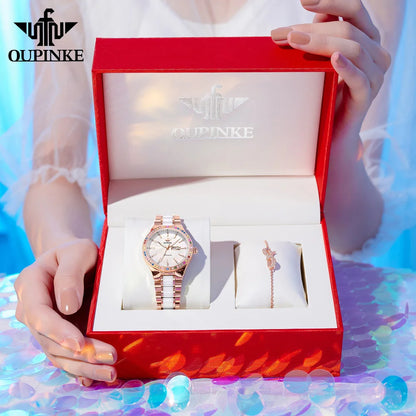 OUPINKE 3283 Women's Watch Luxury Dual Calendar Automatic Watch For Women Waterproof Mechanical Wristwatch Ceramic Steel Strap